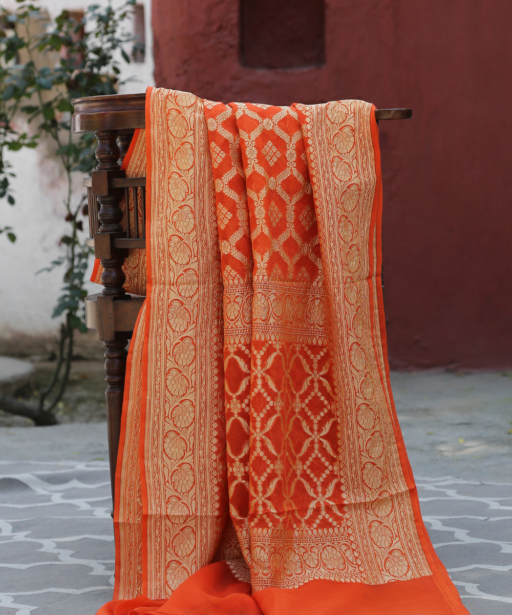 Handloom_Orange_Pure_Georgette_Banarasi_Bandhej_Dupatta_With_All_Over_Jaal_Cutwork_Jaal_WeaverStory_01