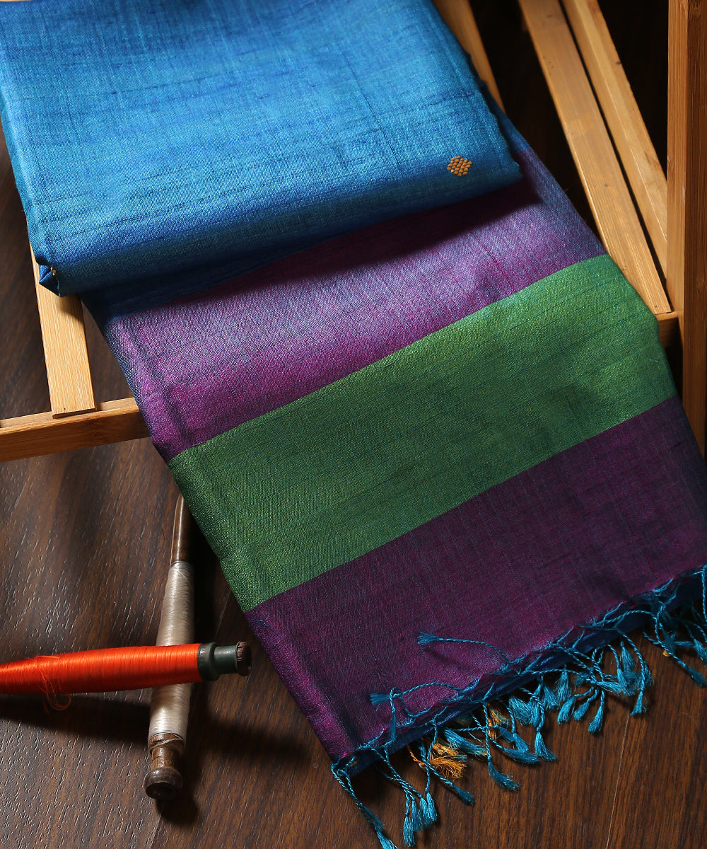 Blue_Handloom_Pure_Tussar_Silk_Dupatta_With_Diamond_Booti_And_Purple_Pallu_Border_WeaverStory_01
