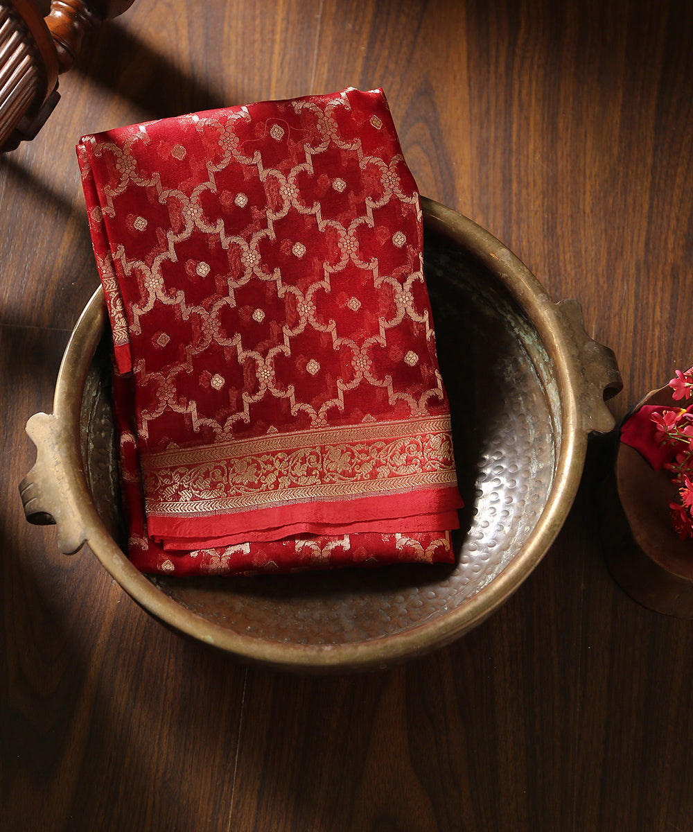 Red_Handloom_Pure_Kora_Silk_Banarasi_Dupatta_With_Cutwork_Jaal_WeaverStory_01