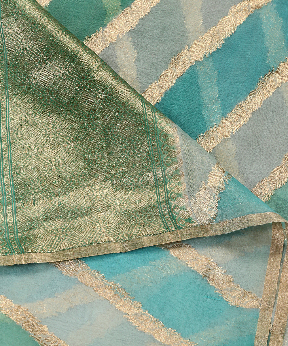 Handloom_Sky_Blue_And_Green_Rangkaat_Pure_Organza_Dupatta_With_All_Over_Jaal_WeaverStory_04