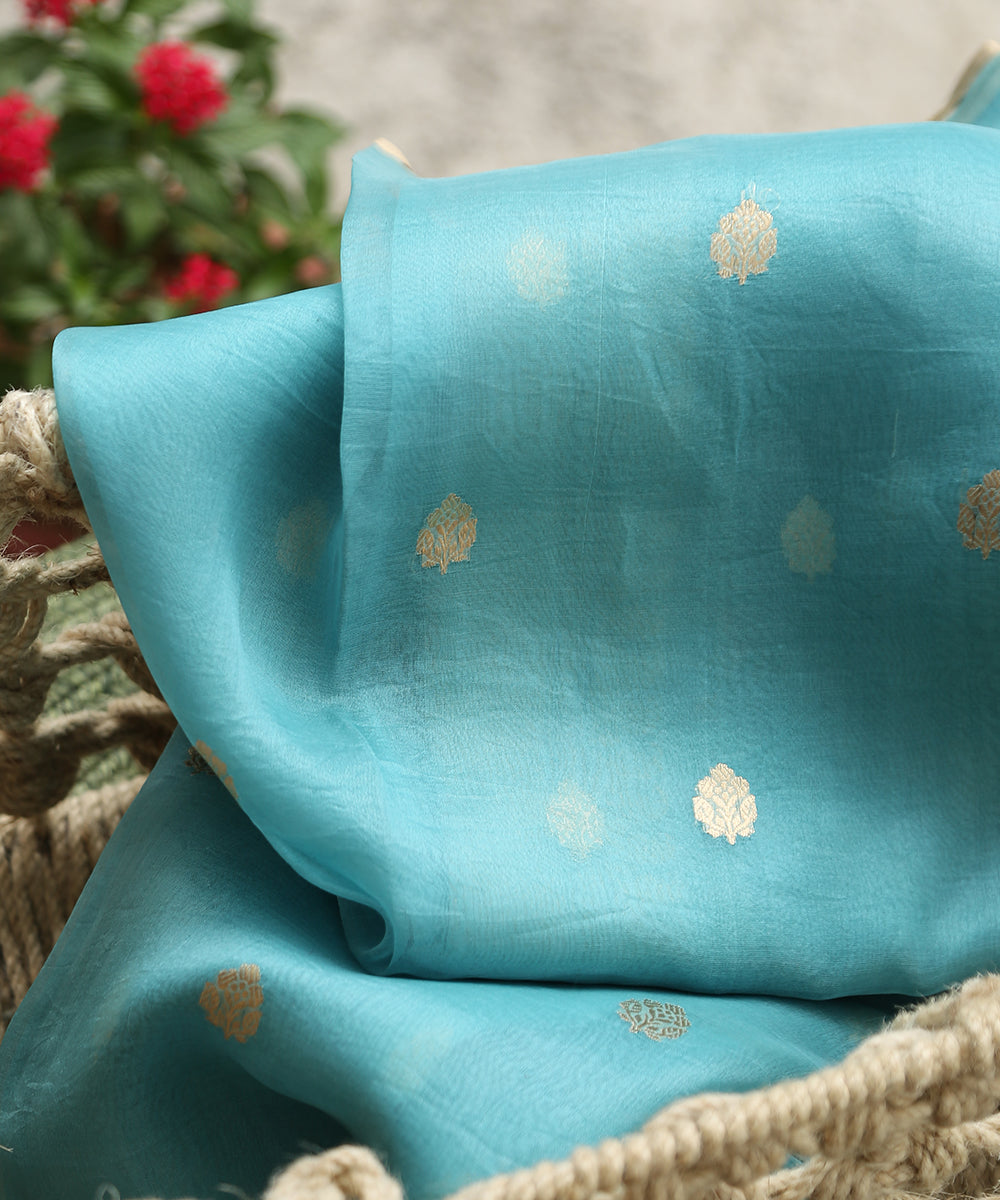 Blue_Handloom_Pure_Organza_Dupatta_With_Booti_And_Border_WeaverStory_01