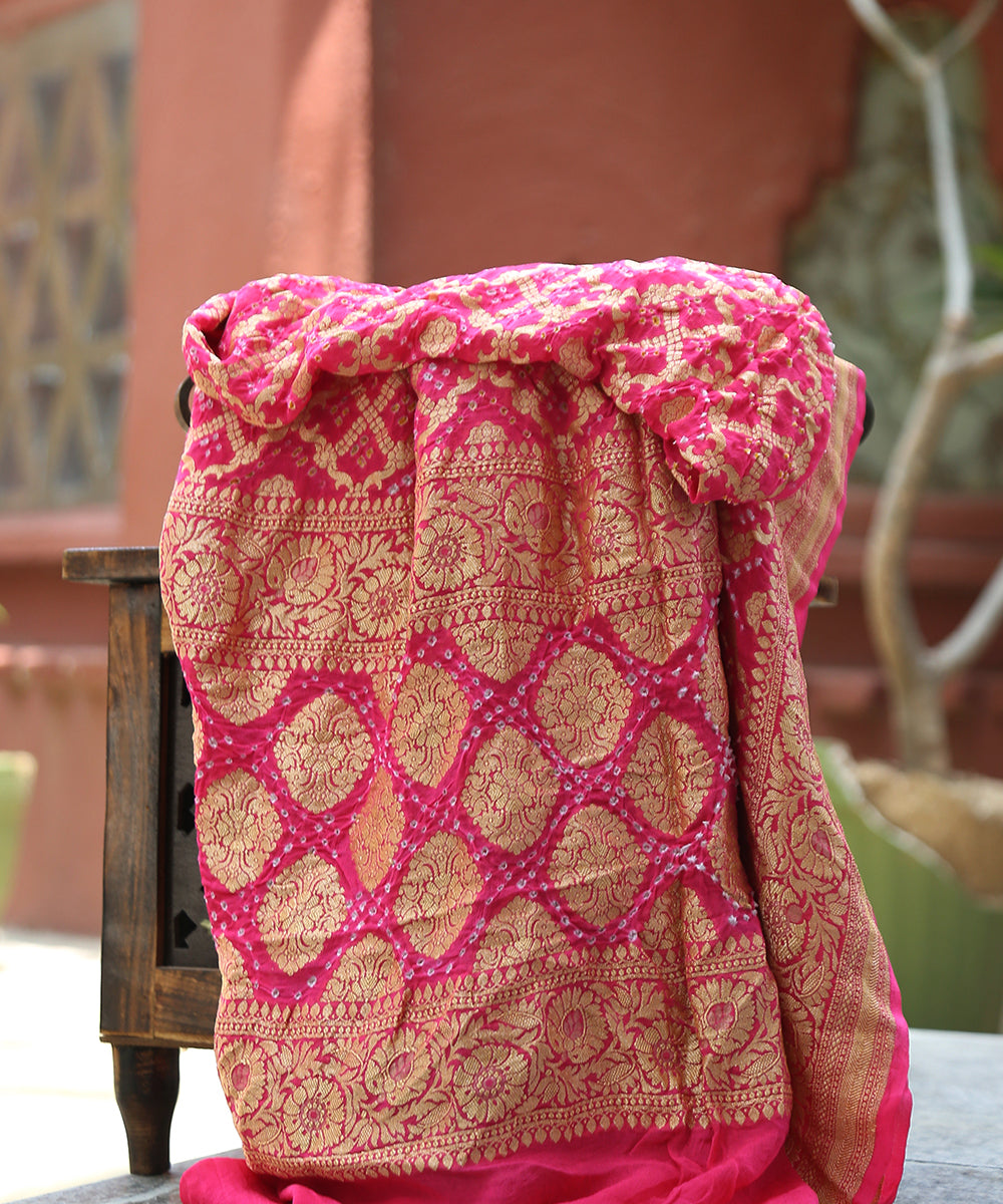 Fuchsia_Pink_Handloom_Pure_Georgette_Banarasi_Bandhej_Dupatta_With_Zari_Border_WeaverStory_01