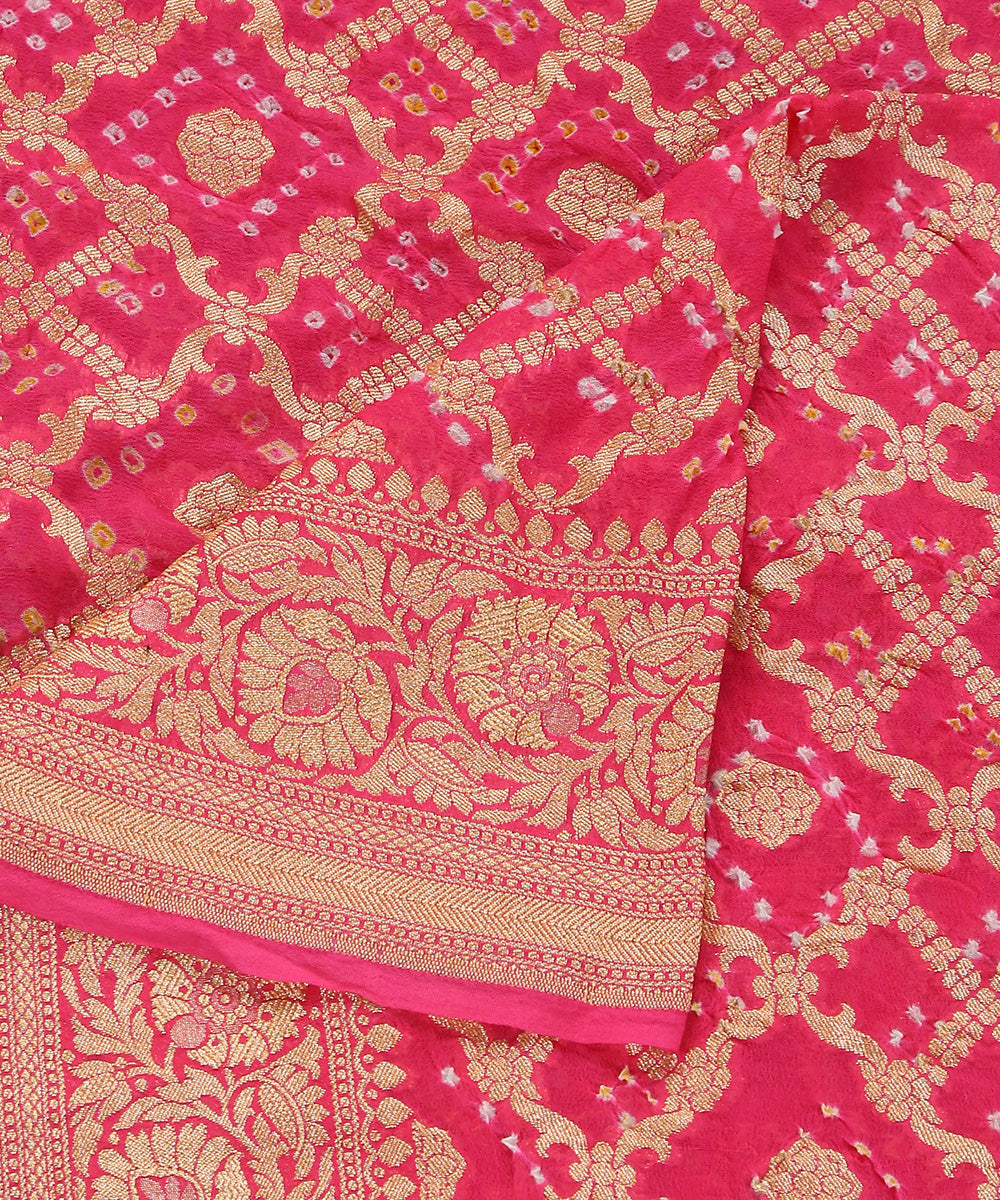 Fuchsia_Pink_Handloom_Pure_Georgette_Banarasi_Bandhej_Dupatta_With_Zari_Border_WeaverStory_04