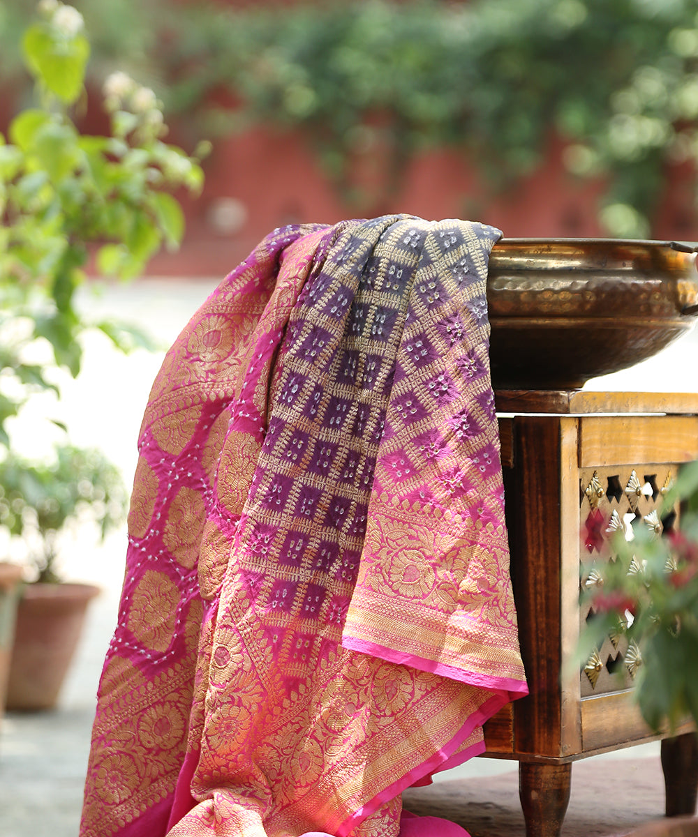 Handloom_Grey_And_Pink_Ombre_Dyed_Pure_Georgette_Banarasi_Bandhej_Dupatta_With_Cutwork_Weave_WeaverStory_01
