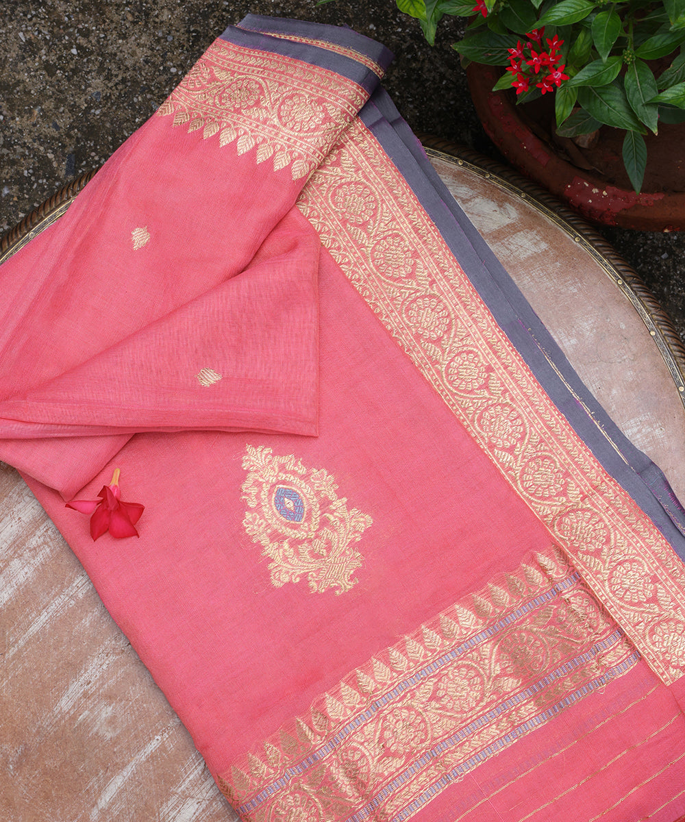 Handoom_Pink_Pure_Cotton_Banarasi_Dupatta_With_Meenkari_Booti_WeaverStory_01