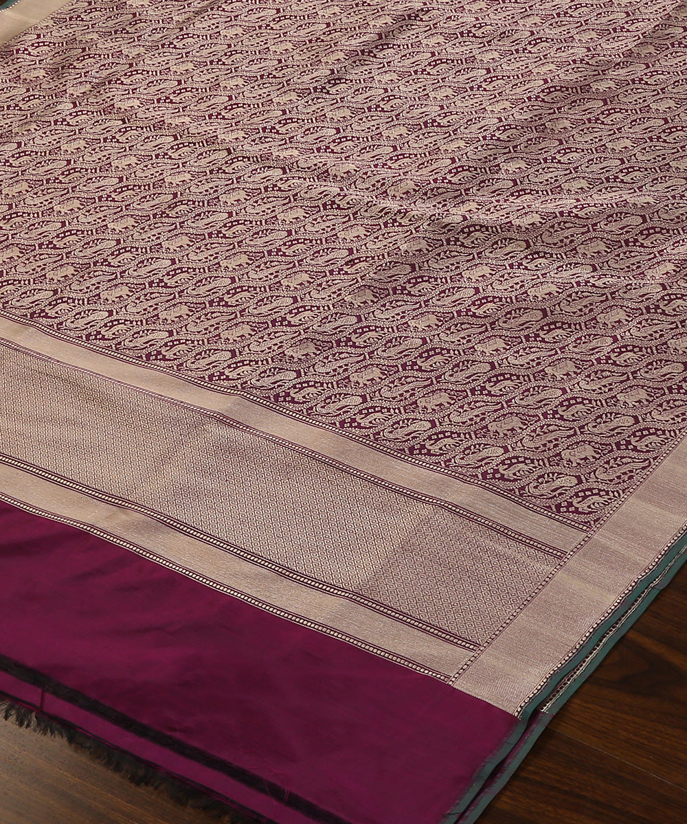 Handloom_Purple_Pure_Katan_Silk_Brocade_Shikargah_Banarasi_Dupatta_With_Green_Selvedge_WeaverStory_03