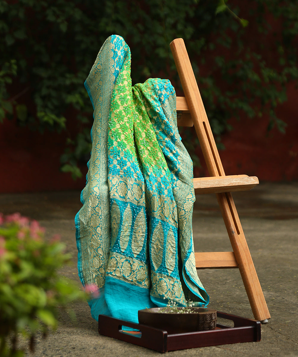 Handloom_Blue_And_Green_Pure_Georgette_Banarasi_Bandhej_Dupatta_WeaverStory_01