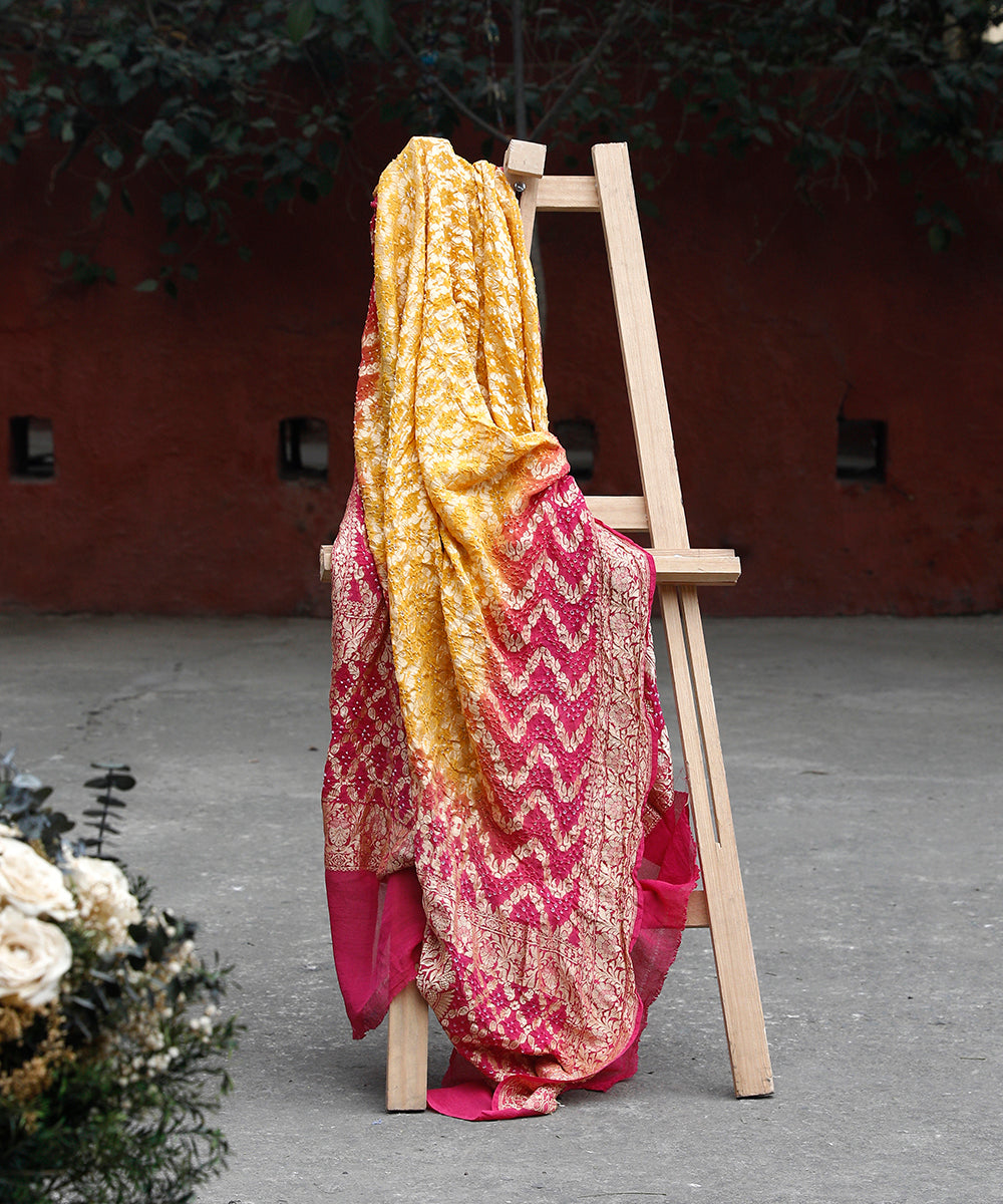 Handloom_Pink_And_Yellow_Ombre_Dyed_Pure_Georgette_Banarasi_Bandhej_Dupatta_WeaverStory_01