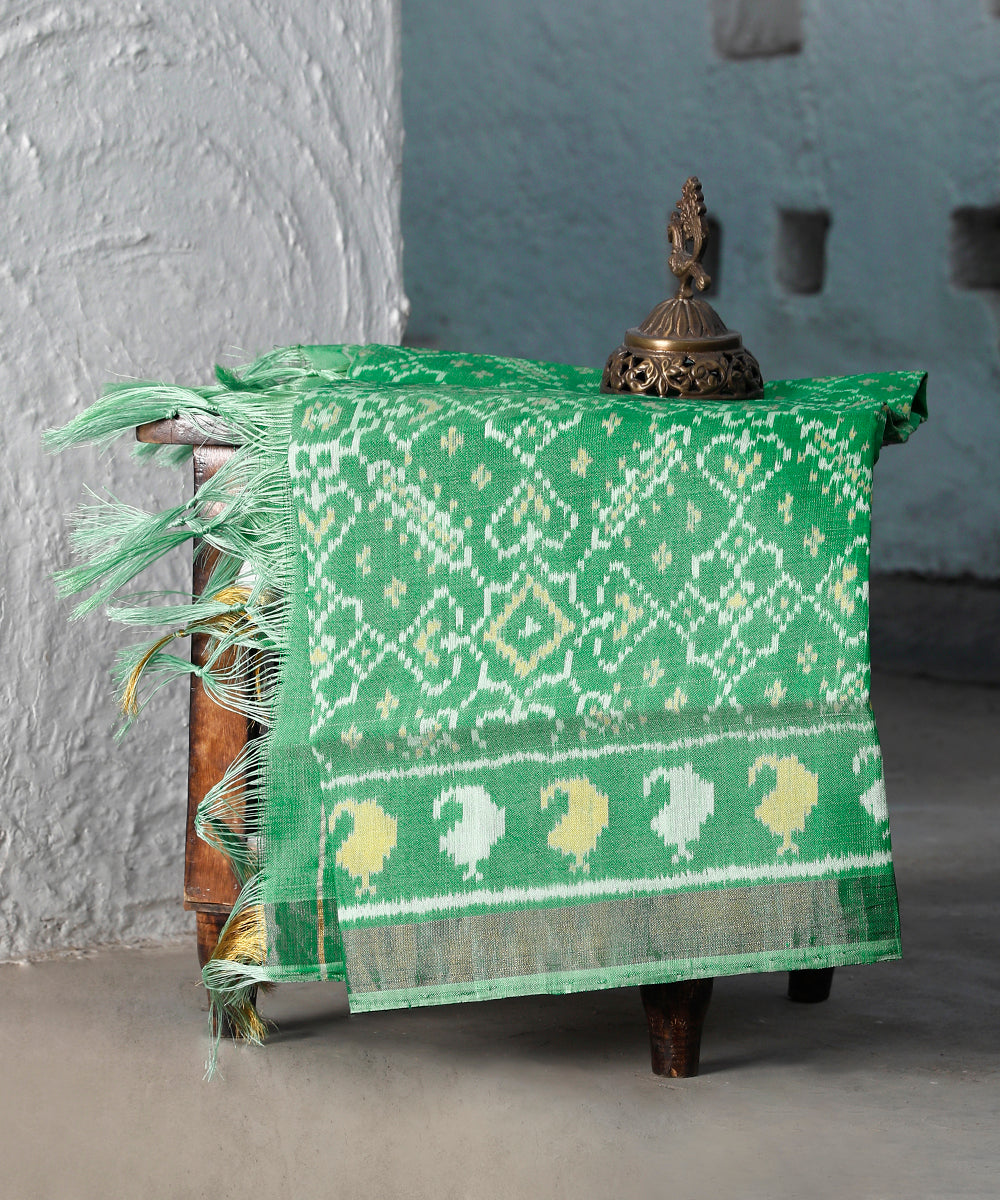 Handloom_Mint_Green_8_Ply_Pure_Mulberry_Silk_Ikat_Patola_Dupatta_With_Striped_Palla_WeaverStory_01