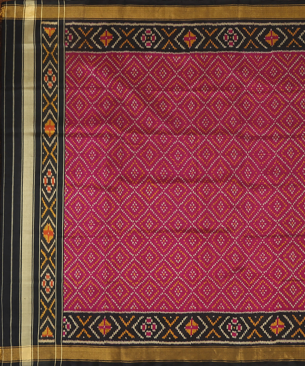 Handloom_Plum_And_Black_Pure_Mulberry_Silk_Ikat_Patola_Dupatta_With_Black_And_Golden_Border_WeaverStory_02