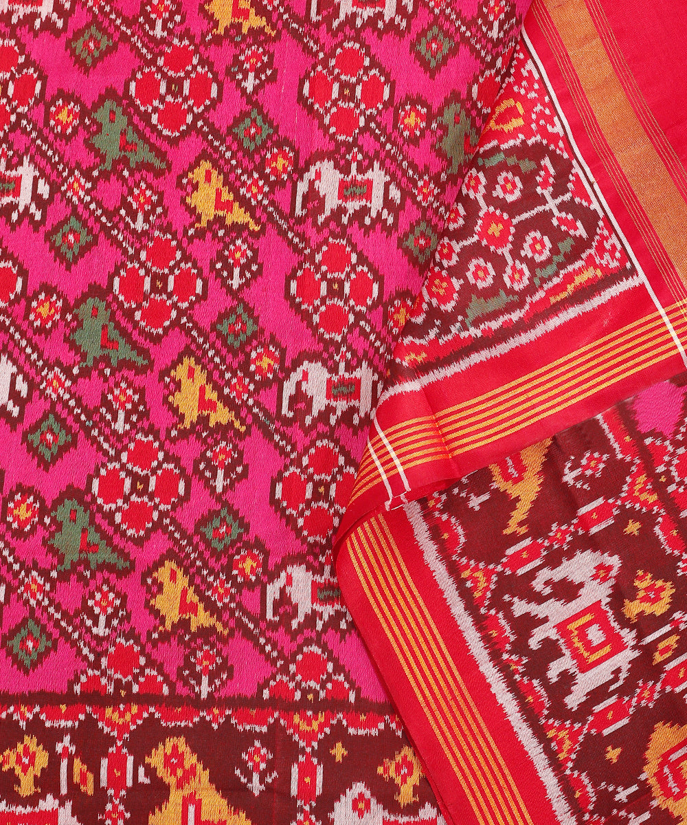 Pink_And_Red_Handloom_8_Ply_Pure_Mulberry_Silk_Ikat_Patola_Dupatta_With_Elephant_Motifs_WeaverStory_04
