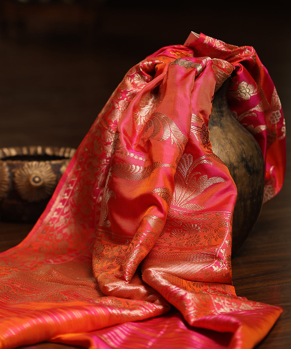 Orange_And_Pink_Handloom_Pure_Katan_Silk_Ektara_Banarasi_Dupatta_With_Meenakari_And_Floral_Jaal_WeaverStory_01