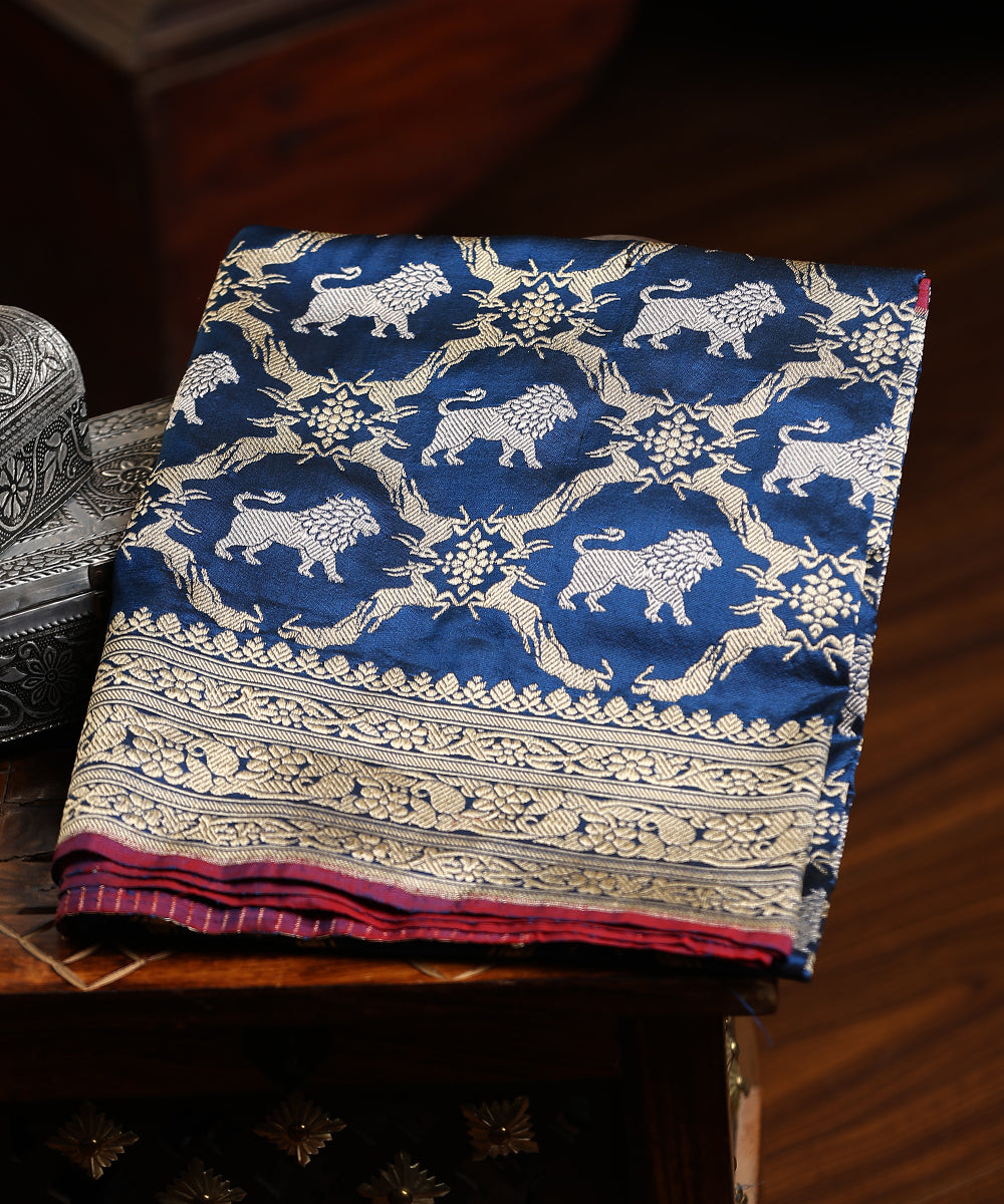 Blue_Handloom_Pure_Katan_Silk_Kadhwa_Shikargah_Banarasi_Dupatta_With_Lion_Motifs_WeaverStory_01