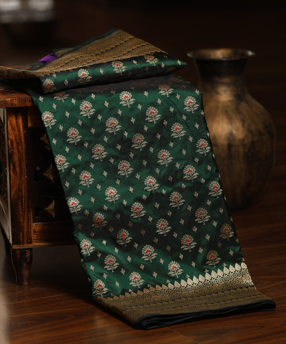 Handloom_Bottle_Green_Pure_Katan_Silk_Banarasi_Dupatta_With_Mughal_Meenakari_Booti_And_Kadhwa_Border_WeaverStory_01