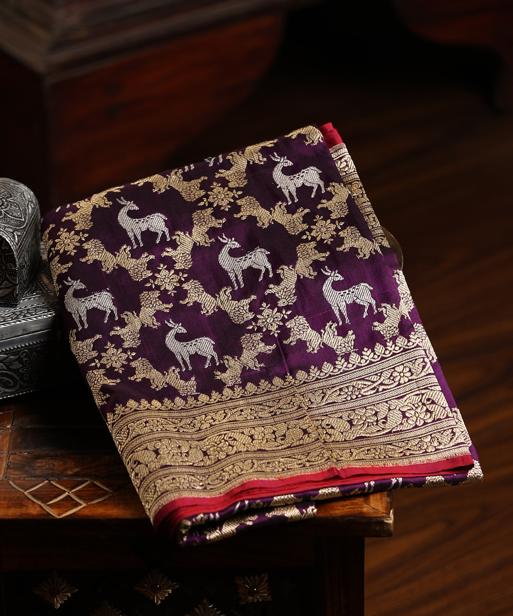 Handloom_Deep_Purple_Pure_Katan_Silk_Shikargah_Banarasi_Dupatta_With_Kadhwa_Jaal_WeaverStory_01