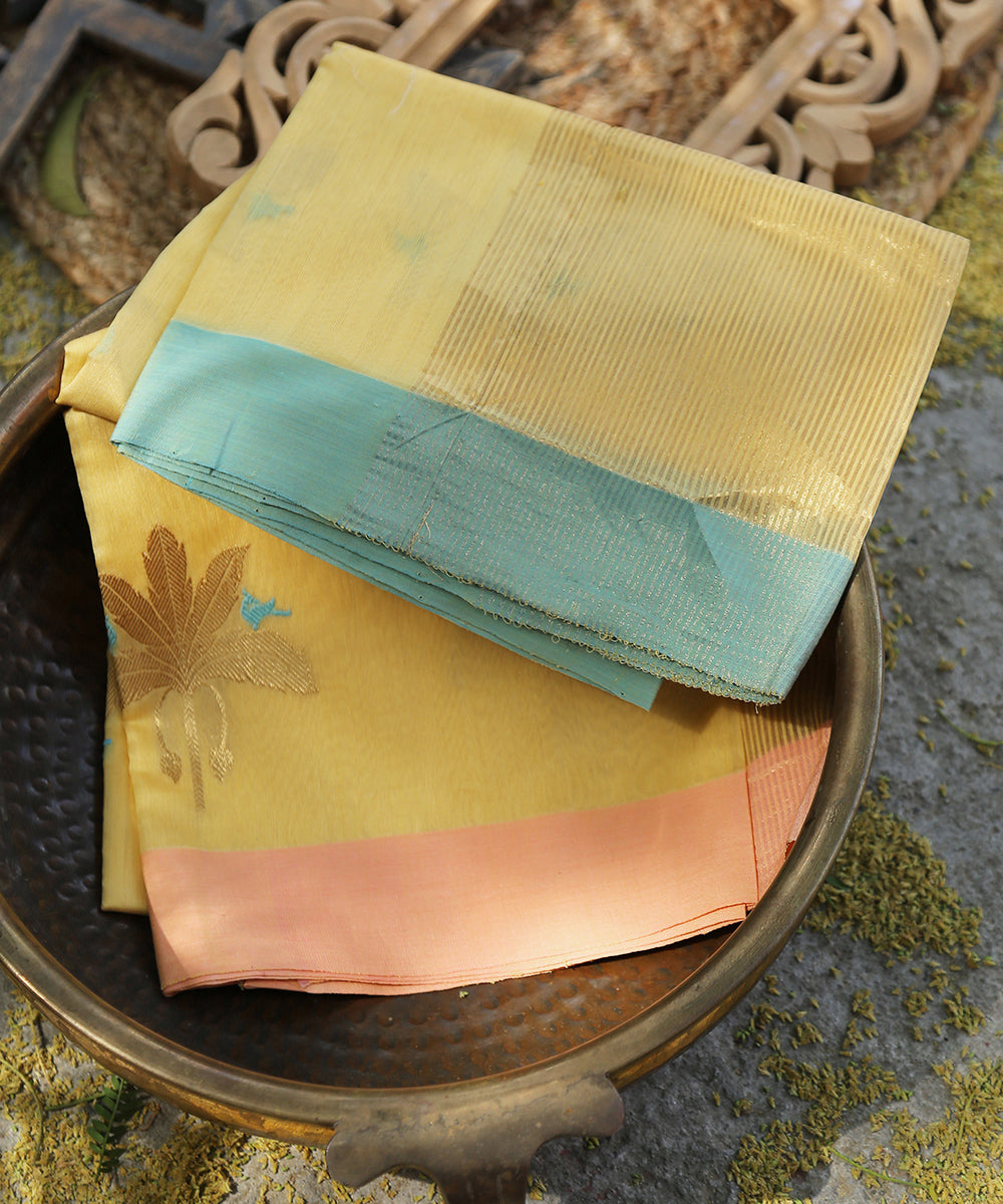 Handloom_Beige_Cotton_Silk_Chanderi_Eknaliya_Dupatta_With_Gold_Leaf_Motif_and_Birds_Motif_WeaverStory_01
