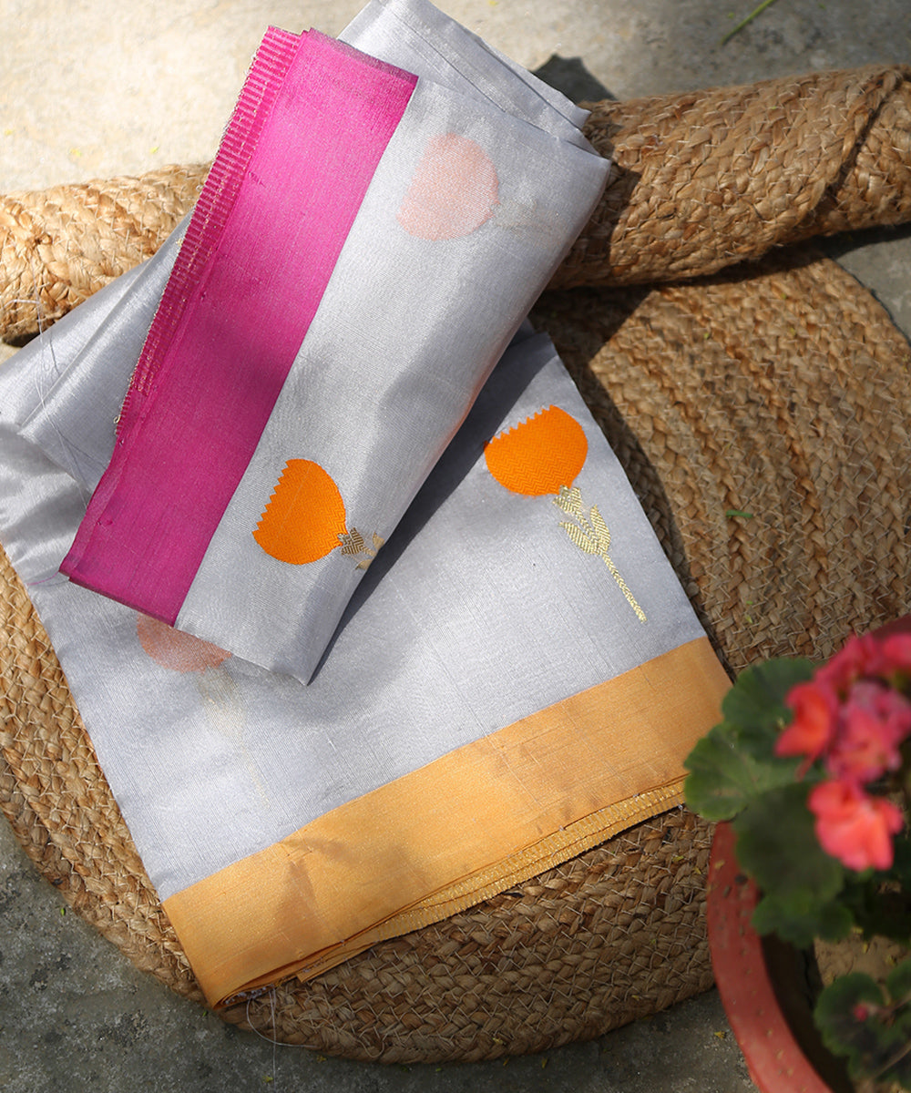 Grey_Handloom_Kadhwa_Chanderi_Silk_Dupatta_with_Orange_Tulip_Boota_WeaverStory_01