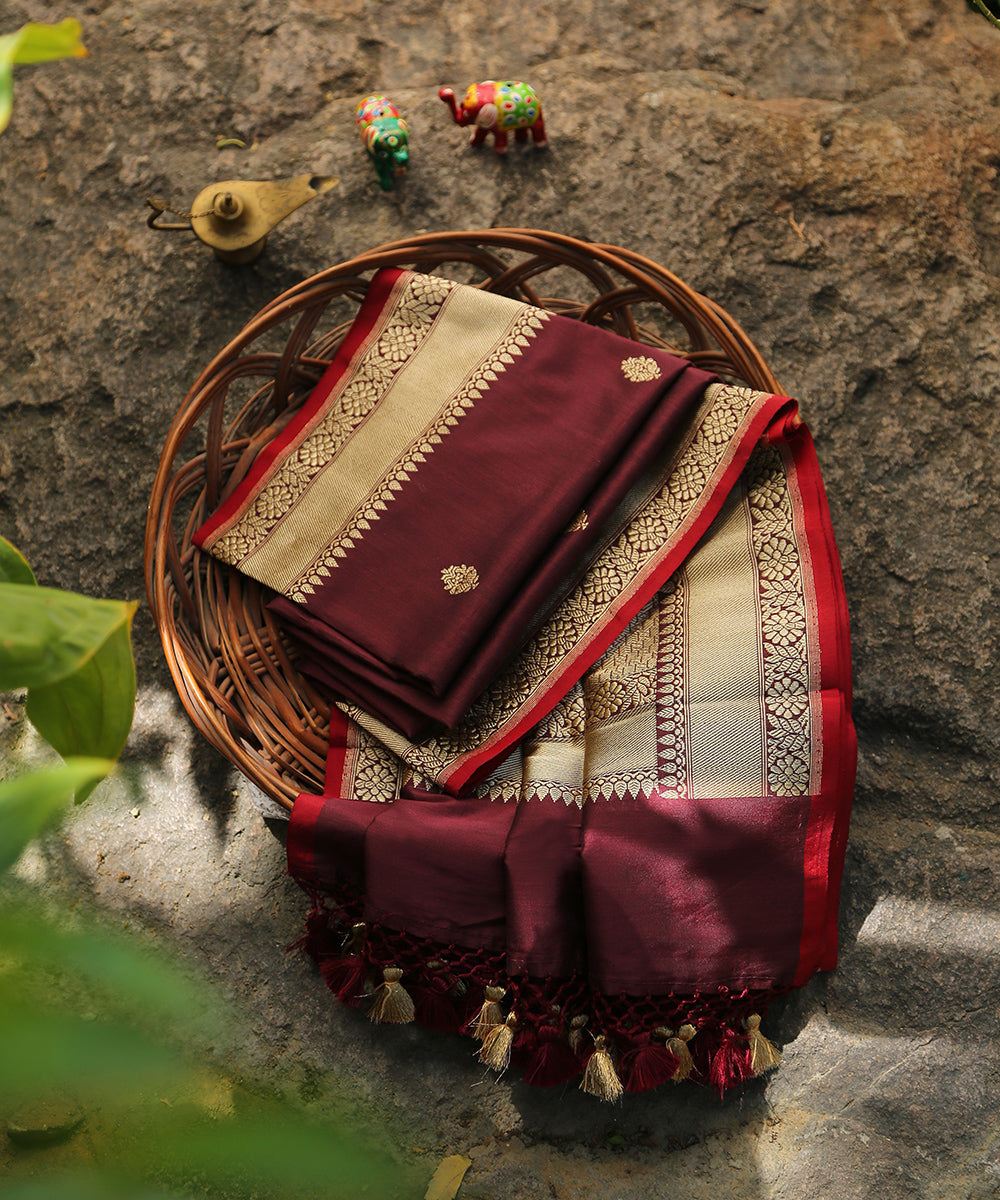 Wine_Handloom_Pure_Katan_Silk_Banarasi_Dupatta_With_Kadhwa_Booti_and_Red_Selvedge_WeaverStory_01