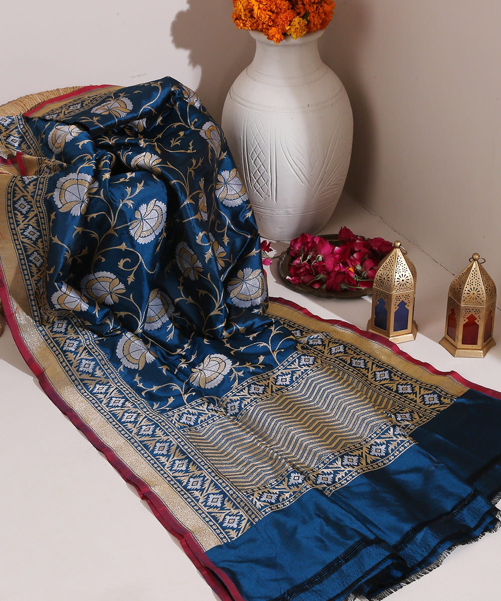 Blue_Handloom_Banarasi_Katan_Silk_Dupatta_Sona_Rupa_Floral_Jaal_WeaverStory_01