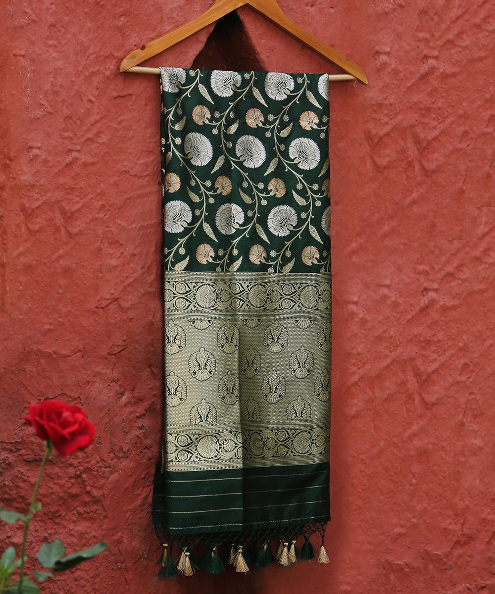 Handloom_Bottle_Green_Pure_Katan_Silk_Copper_Zari_Banarasi_Dupatta_with_Jaal_WeaverStory_01