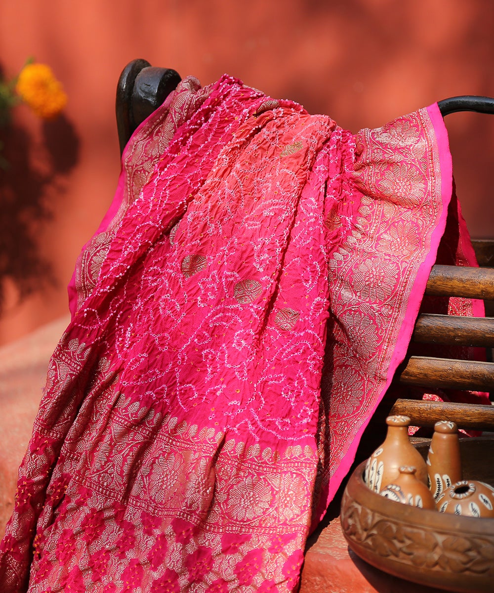 Pink_Handloom_Georgette_Kadhwa_Banarasi_Bandhej_Dupatta_with_Golden_Zari_Floral_Border_WeaverStory_01