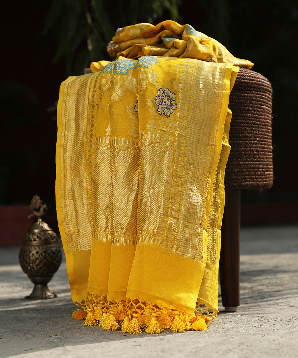Mustard_Yellow_Handloom_Meenakari_Banarasi_Georgette_Dupatta_WeaverStory_01