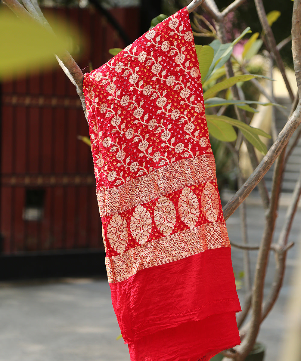 Handloom_Red_Georgette_Banarasi_Bandhej_Dupatta_With_Cutwork_Floral_Jaal_WeaverStory_01