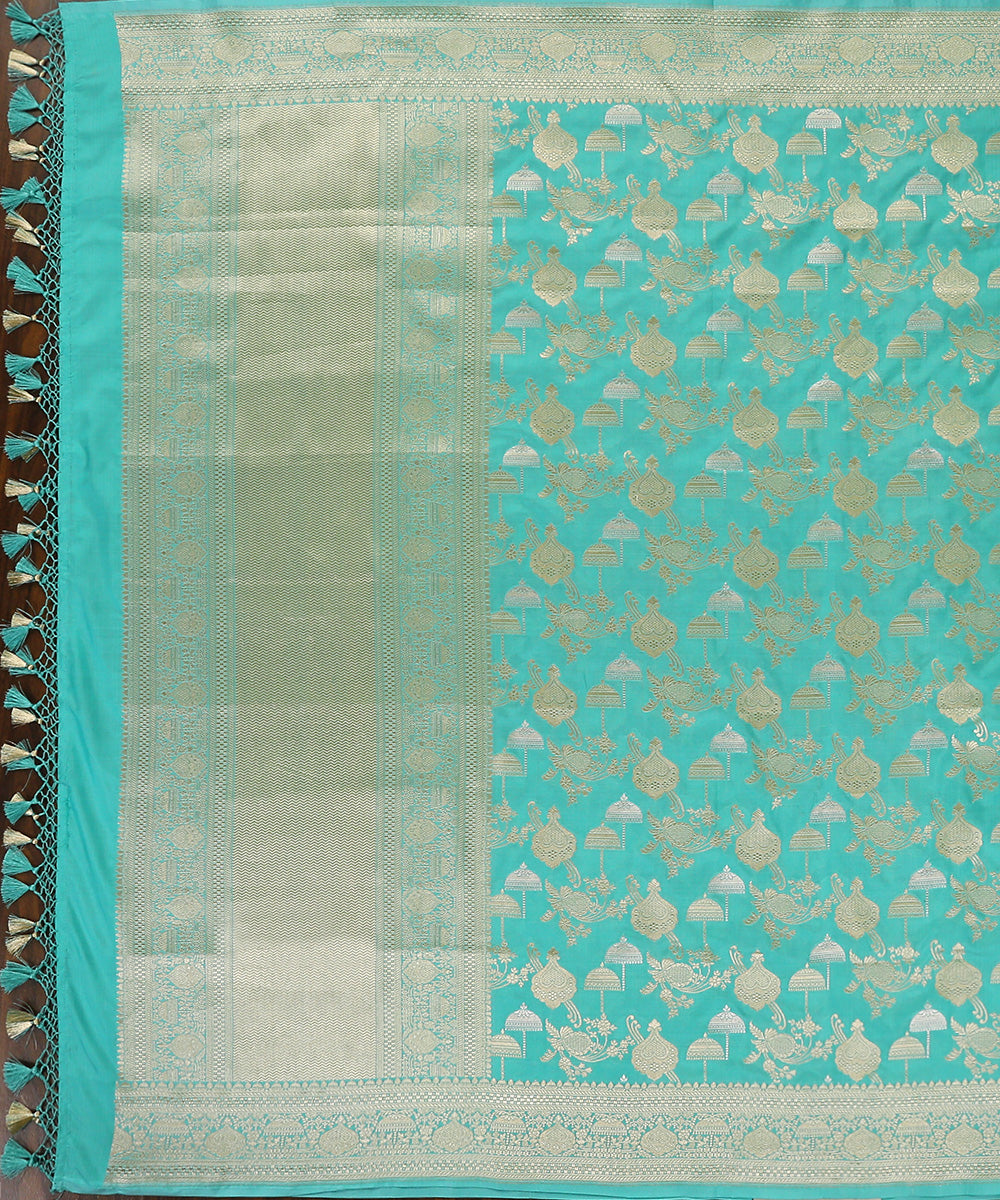 Handloom_Turquoise_Blue_Pure_Katan_Silk_Banarasi_Dupatta_With_Umbrellas_WeaverStory_02