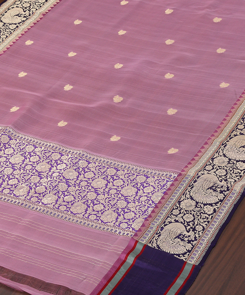 Handloom_Pink_Pure_Organza_Banarasi_Dupatta_With_Kadhwa_Booti_And_Purple_Shikargah_Border_WeaverStory_03