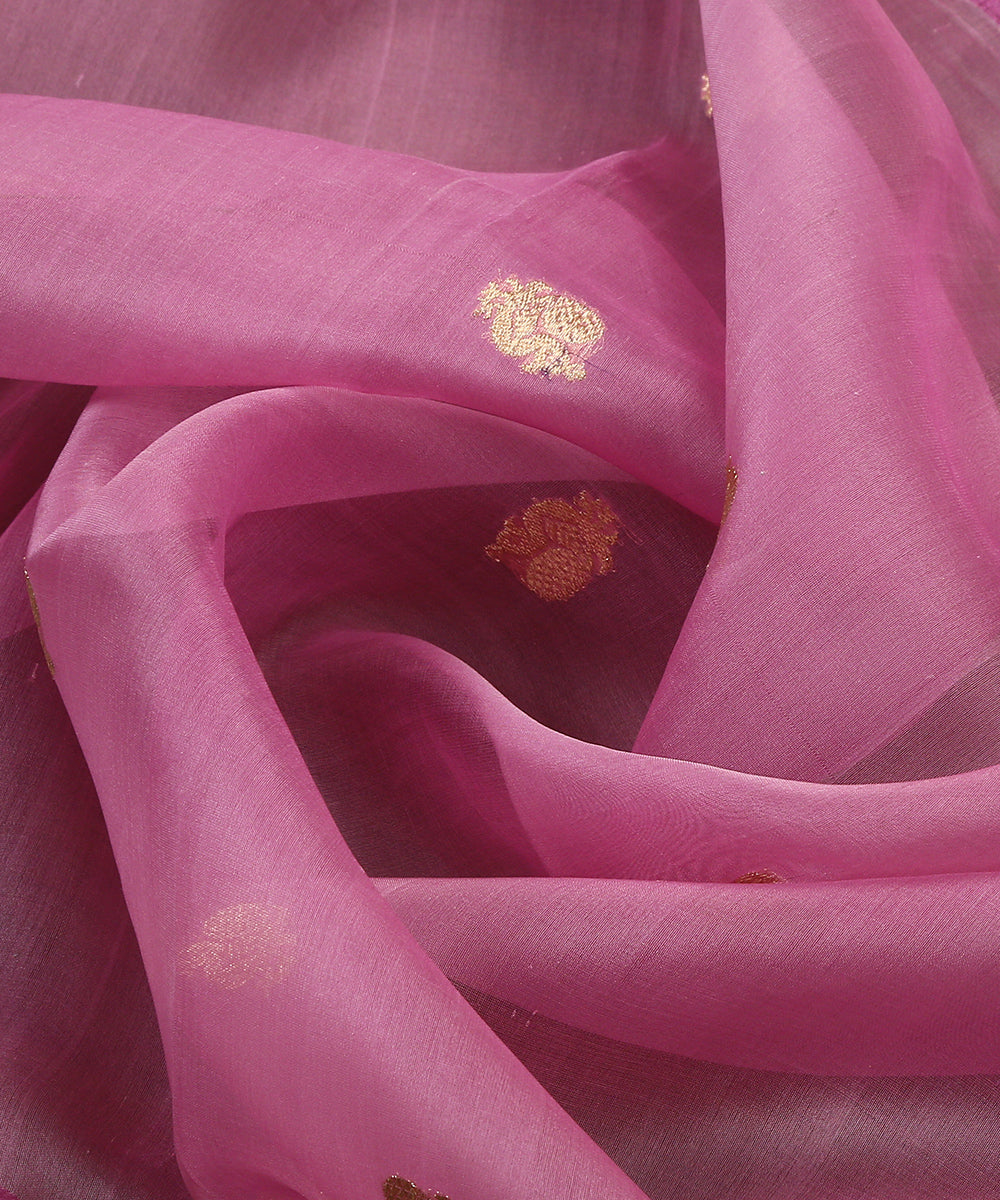 Handloom_Pink_Pure_Organza_Banarasi_Dupatta_With_Kadhwa_Booti_And_Purple_Shikargah_Border_WeaverStory_05