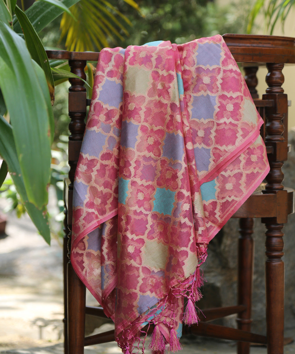 Pink_Handloom_Silk_Banarasi_Net_Meenakari_Dupatta_WeaverStory_01