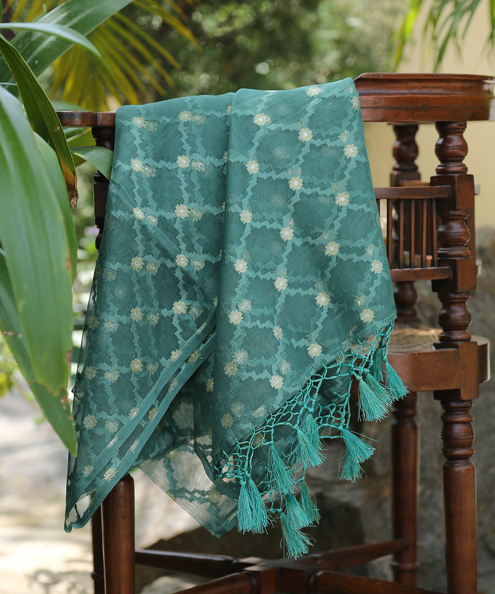 Handloom_Green_Pure_Silk_Banarasi_Dupatta_with_Net_Meenakari_WeaverStory_01