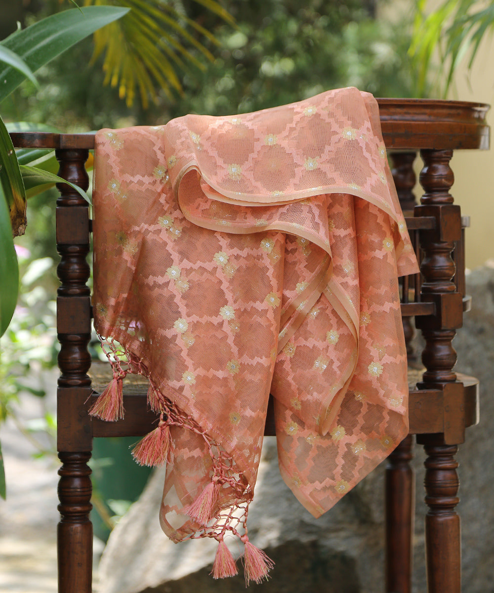 Peach_Handloom_Pure_Silk_Banarasi_Net_Meenakari_Dupatta_WeaverStory_01