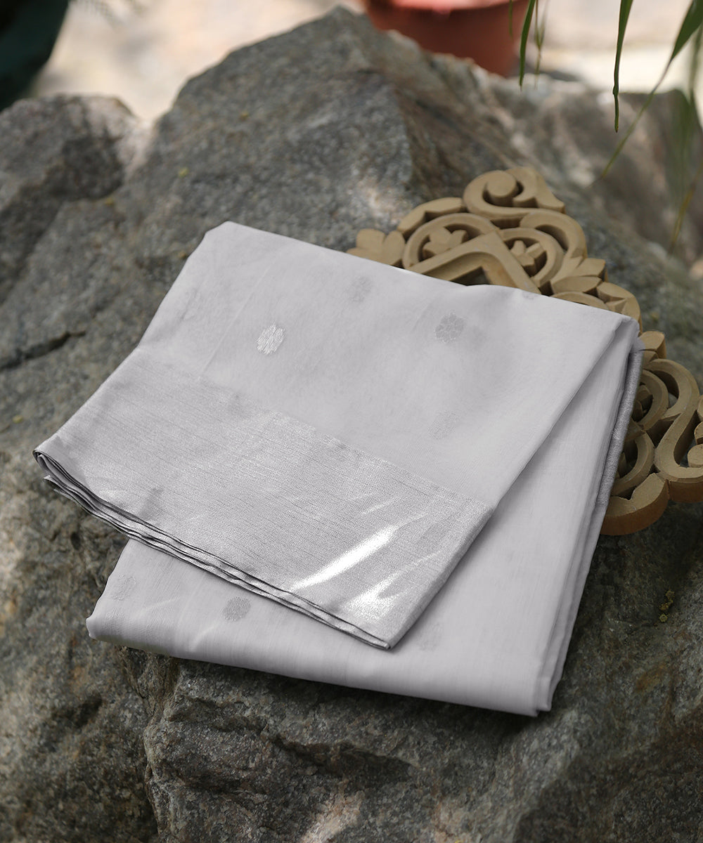 White_Handloom_Kora_Silk_Chanderi_Dupatta_With_Zari_Booti_WeaverStory_01