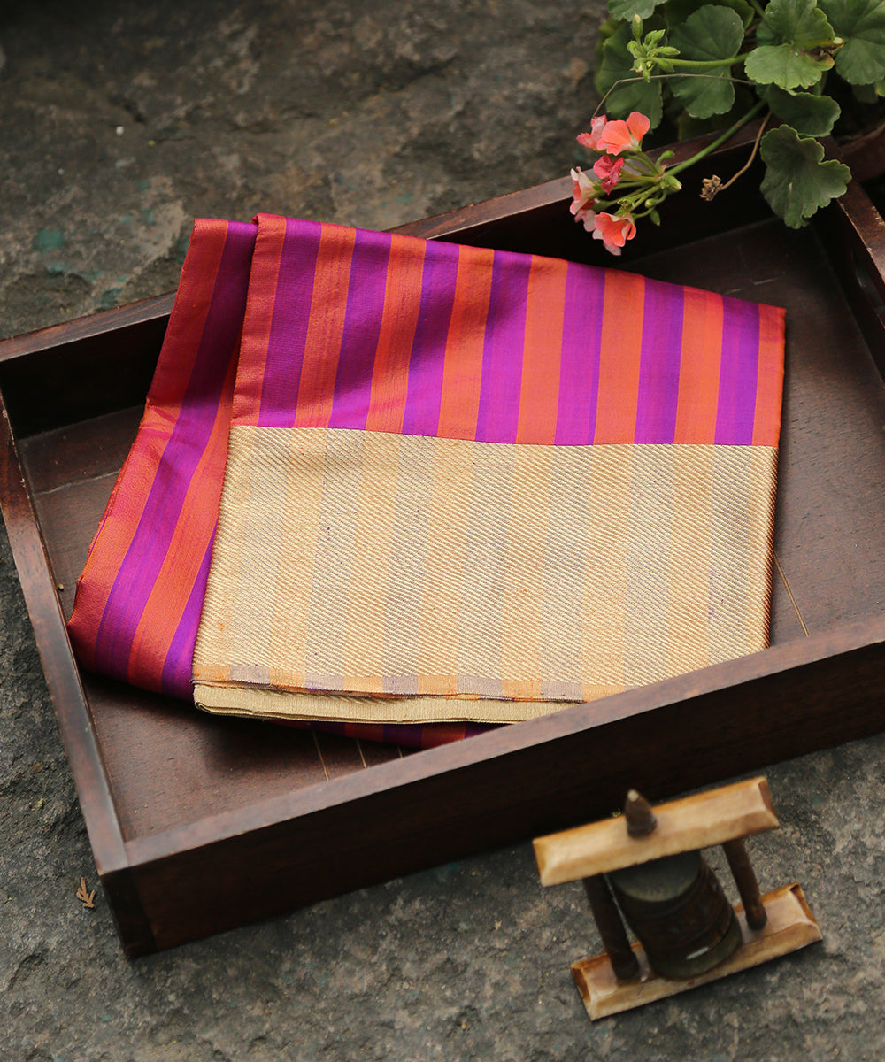 Handloom_Orange_And_Purple_Striped_Chanderi_Silk_Dupatta_With_Gold_Zari_Border_WeaverStory_01