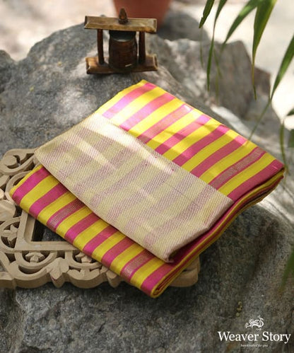 Yellow_And_Pink_Handloom_Striped_Chanderi_Dupatta_With_Gold_Zari_Border_WeaverStory_01