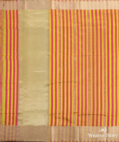 Yellow_And_Pink_Handloom_Striped_Chanderi_Dupatta_With_Gold_Zari_Border_WeaverStory_02