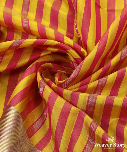 Yellow_And_Pink_Handloom_Striped_Chanderi_Dupatta_With_Gold_Zari_Border_WeaverStory_05