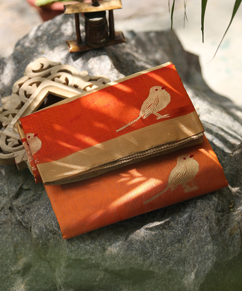 Handloom_Orange_Silk_Chanderi_Dupatta_With_Bird_Motif_On_Border_WeaverStory_01