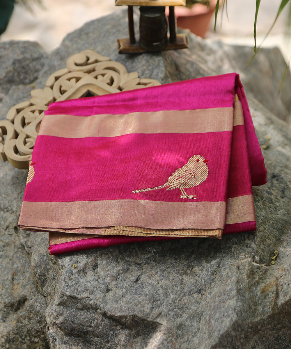 Pink_Handloom_Silk_Chanderi_Dupatta_With_Bird_Motif_On_Border_WeaverStory_01