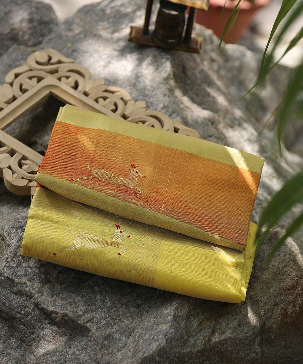 Handloom_Yellow_Silk_Chanderi_Dupatta_With_Deer_Motif_On_Border_WeaverStory_01