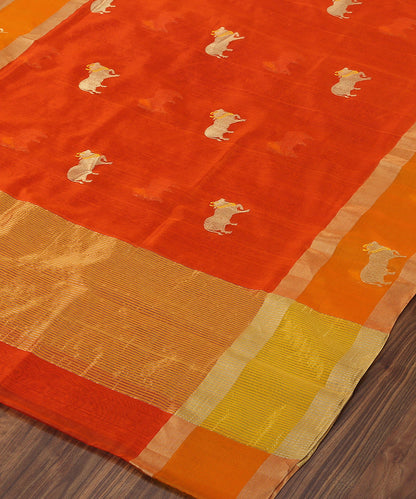 Orange_Handloom_Silk_Chanderi_Dupatta_With_Nandi_Motif_On_Border_WeaverStory_03