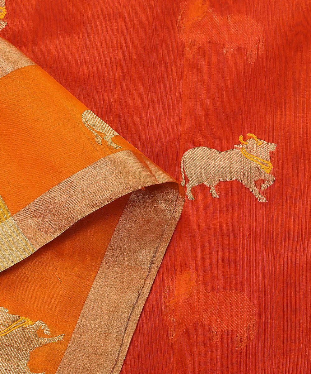 Orange_Handloom_Silk_Chanderi_Dupatta_With_Nandi_Motif_On_Border_WeaverStory_04