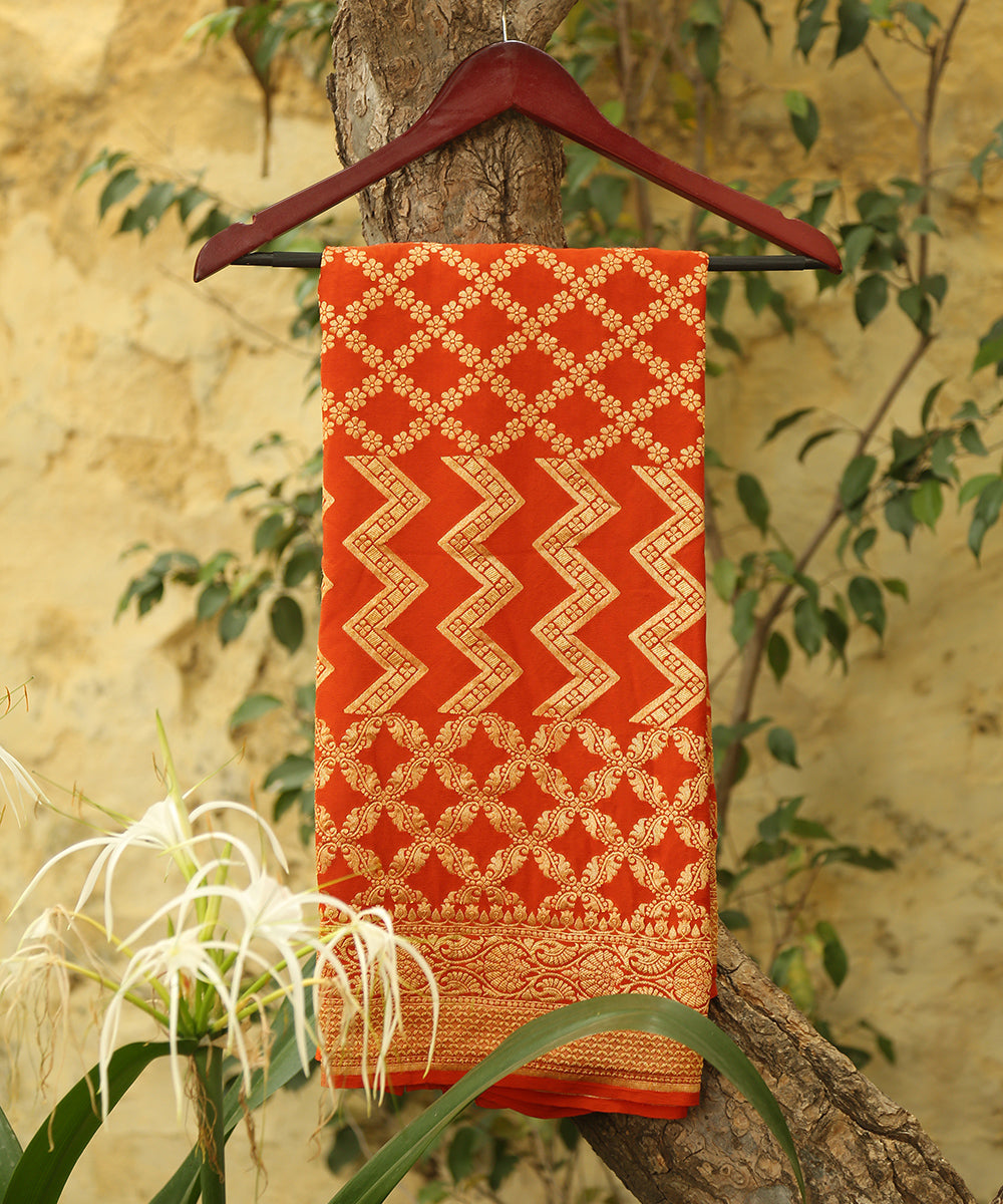 Orange_Handloom_Georgette_Banarasi_Dupatta_with_Cutwork_Jaal_WeaverStory_01