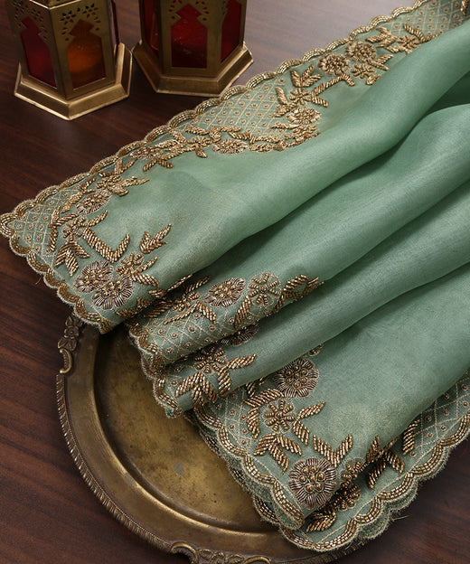 Aqua Blue Handloom Pure Organza Dupatta With Hand Embroidered Borders