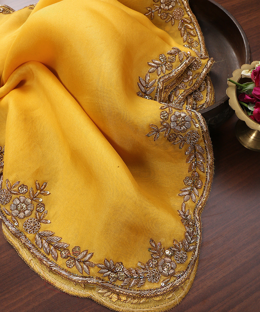 Yellow_Handloom_Organza_Dupatta_With_Hand_Embroidered_Border_WeaverStory_01