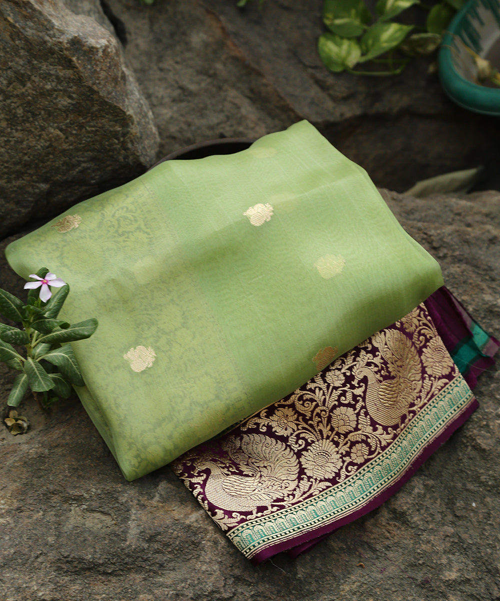 Green_Handloom_Kora_Silk_Banarasi_Dupatta_with_Peacock_Border_WeaverStory_01