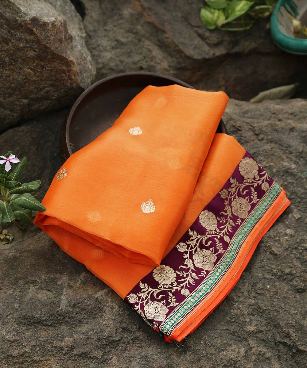 Handloom_Orange_Kora_Silk_Banarasi_Dupatta_With_Wine_Border_WeaverStory_01