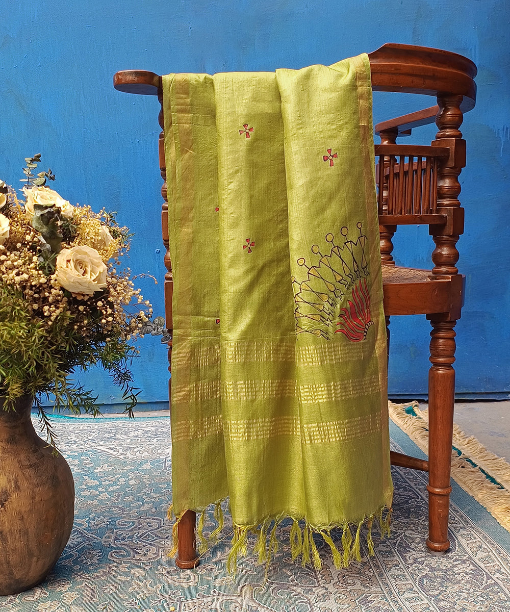 Lime_Green_Handloom_Pure_Kosa_Silk_Dupatta_With_Tribal_Motifs_WeaverStory_01