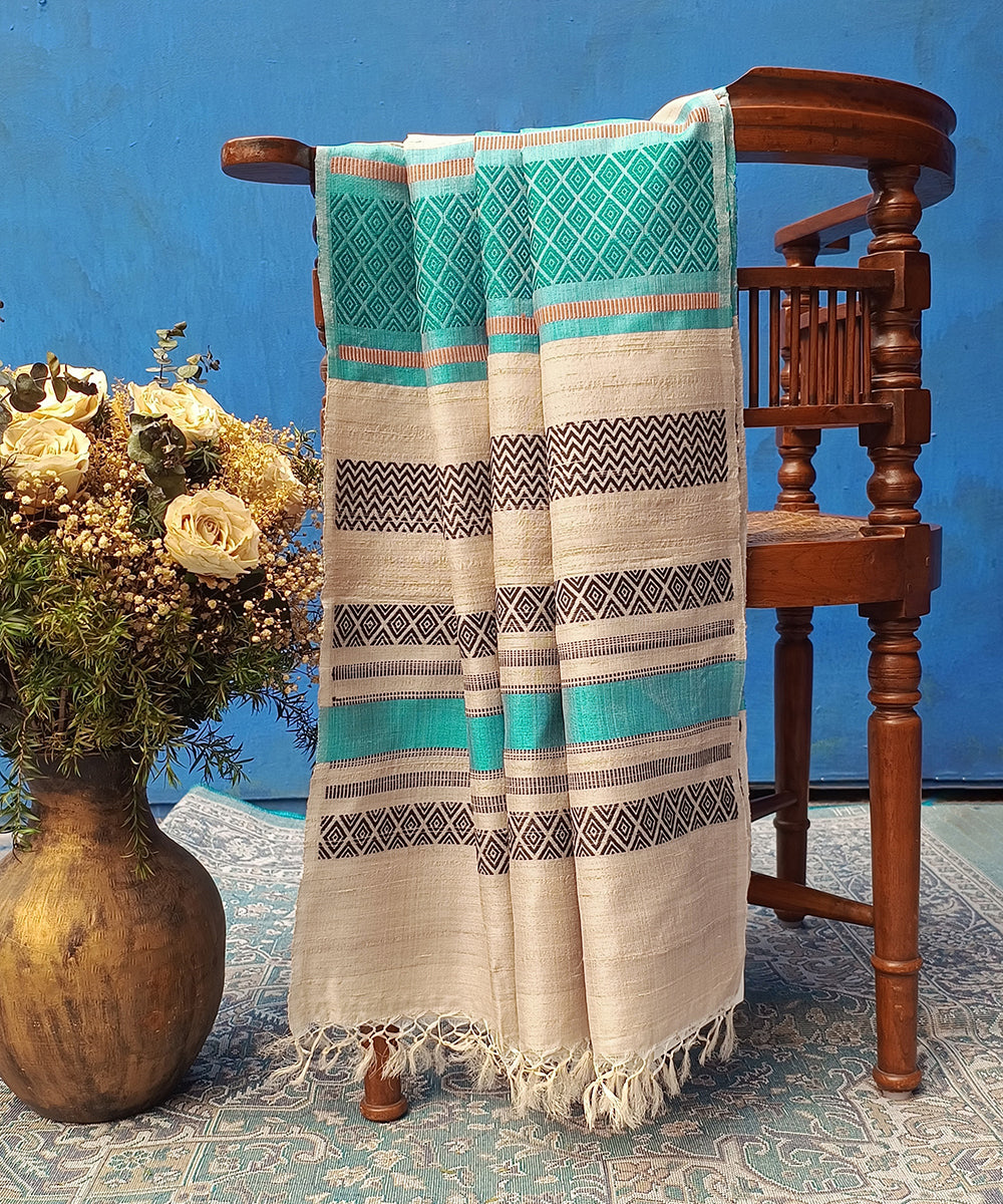 Handloom_Grey_And_Blue_Pure_Kosa_Silk_Striped_Dupatta_WeaverStory_01